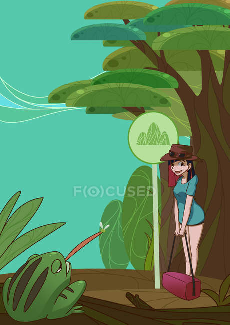 Красивая творческая иллюстрация с девушкой, смотрящей на лягушку, концепция путешествия — стоковое фото