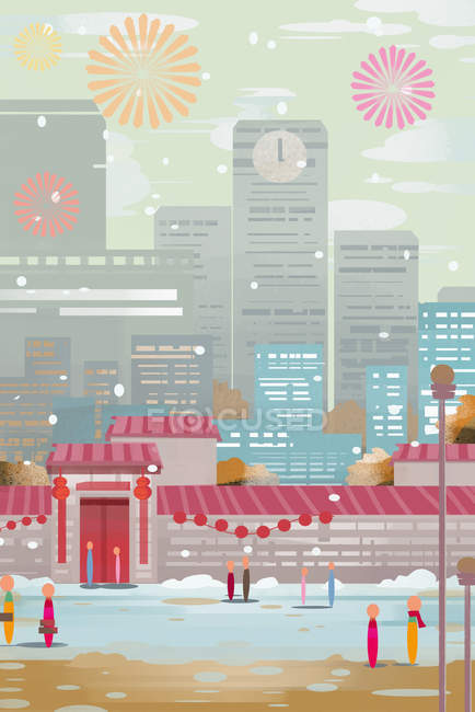 Творческая новогодняя иллюстрация с городом и фейерверками в небе — стоковое фото