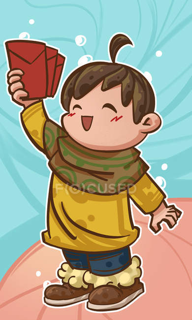 Beautiful creative illustration of happy child holding red envelopes, new year concept — Stock Photo