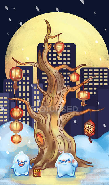 Beautiful creative illustration of tree with illuminated lanterns at night city, Lantern festival concept — Stock Photo