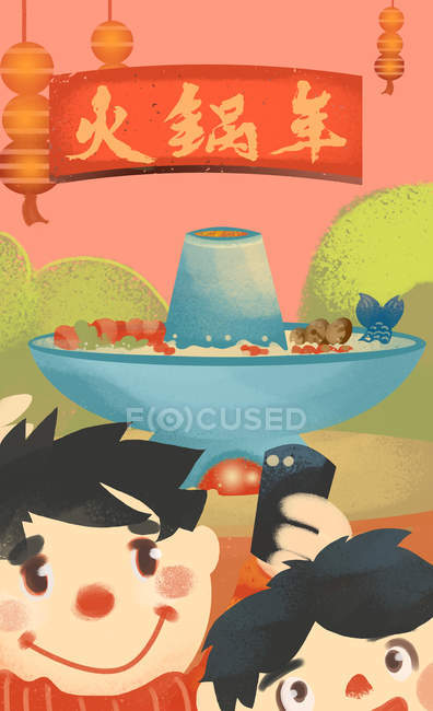 Enfants heureux, repas traditionnel en pot chaud et caractères chinois — Photo de stock