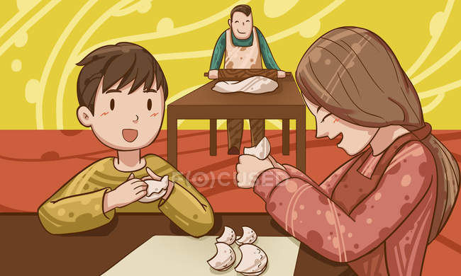 Famiglia felice preparare gnocchi insieme a casa, illustrazione di Capodanno — Foto stock