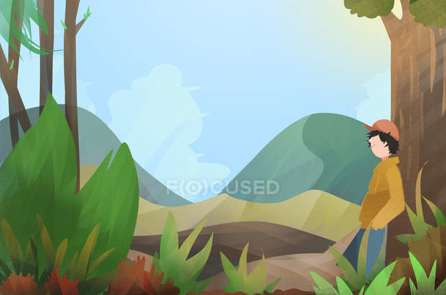 Красива творча ілюстрація хлопчика, що спирається на дерево і дивовижний пейзаж — стокове фото