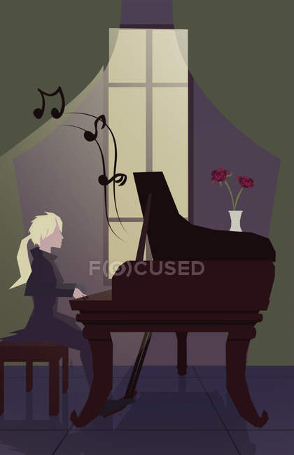 Красивая творческая иллюстрация молодой женщины, играющей на фортепиано, музыкальная концепция — стоковое фото