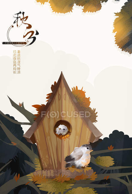 Beautiful creative illustration of chinese hieroglyphs and cute little birds at birdhouse — Stock Photo