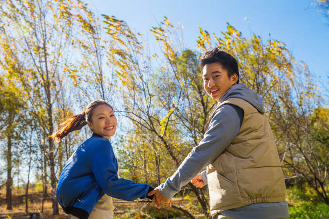 Низкий угол обзора счастливой азиатской пары, держащейся за руки и смотрящей на камеру в осеннем лесу — стоковое фото