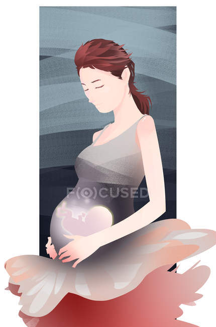 Schöne zarte junge schwangere Frau mit geschlossenen Augen, die Bauch mit Kind berührt — Stockfoto