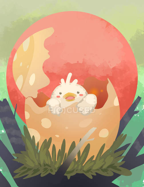 Beautiful creative illustration of adorable chicken in egg outdoor — Stock Photo