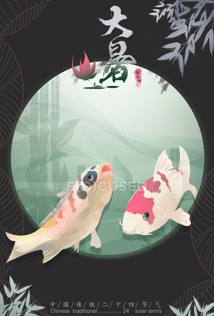 Красива креативна ілюстрація риб і китайських ієрогліфів — стокове фото