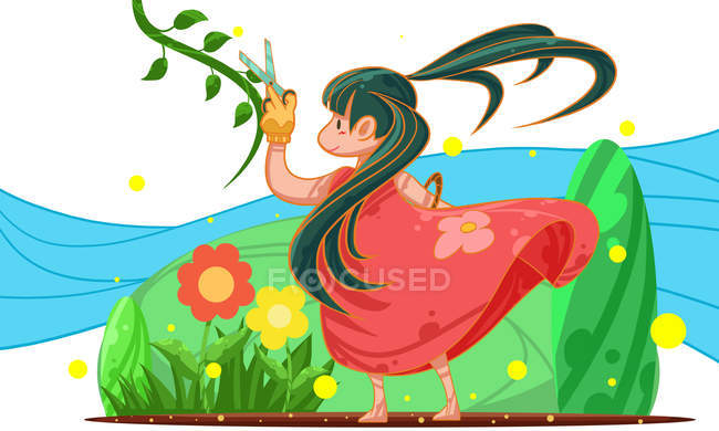 Beautiful creative illustration of girl with scissors cutting green leaves at springtime — Stock Photo