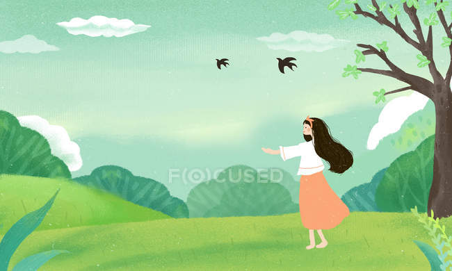 Bella illustrazione di ragazza in piedi sul prato verde e guardando uccelli volanti e primavera — Foto stock