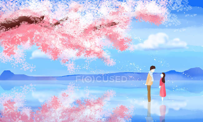 Belle illustration créative de jeune couple amoureux et paysage naturel étonnant, concept Saint Valentin — Photo de stock