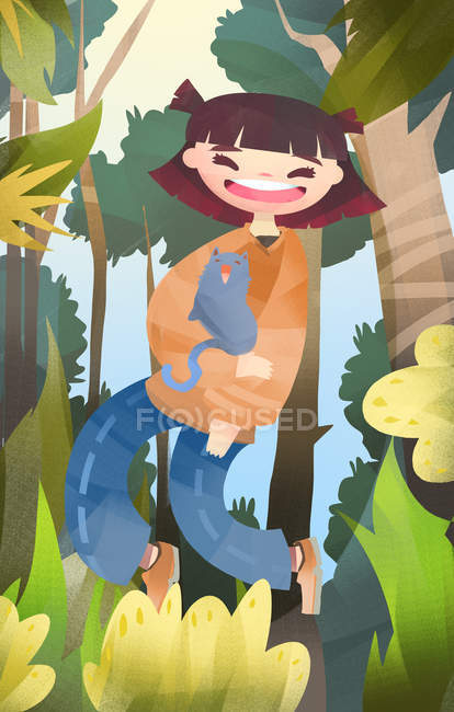 Creative illustration of happy girl with animal in green forest — Stock Photo