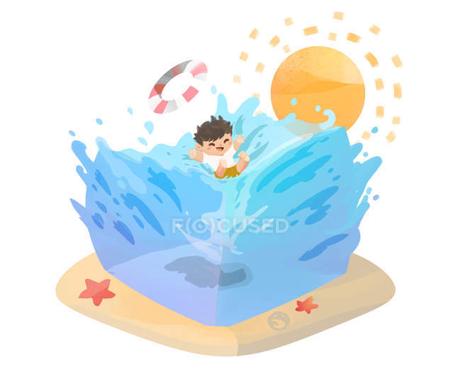Beautiful creative illustration of boy playing on water, summertime concept — Stock Photo