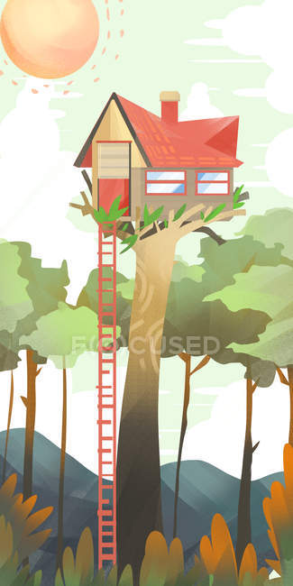 Hermosa ilustración creativa de la casa del árbol con escalera alta en el bosque - foto de stock
