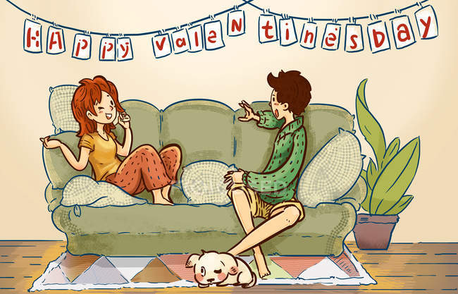 Красивая творческая иллюстрация счастливой молодой пары, проводящей время вместе дома, с днем святого Валентина концепция — стоковое фото