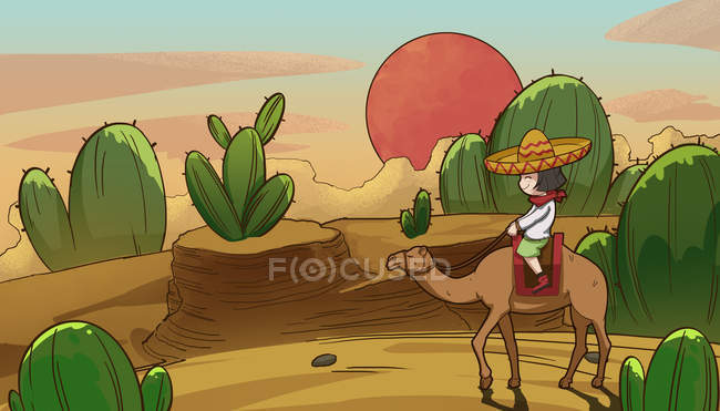 Hermosa ilustración creativa con persona montando camello en el desierto, concepto de viaje - foto de stock