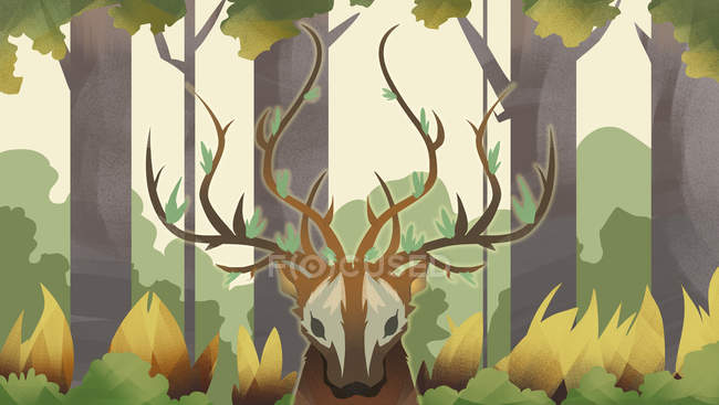 Hermosa ilustración creativa de ciervos Milu y fuego en el bosque - foto de stock