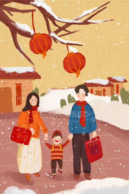 Красива творча ілюстрація щасливої сім'ї з однією дитиною разом покупок, китайський новий рік концепція — стокове фото