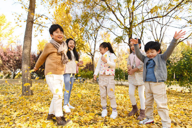 Пять очаровательных азиатских детей играют с желтыми листьями в осеннем парке — стоковое фото