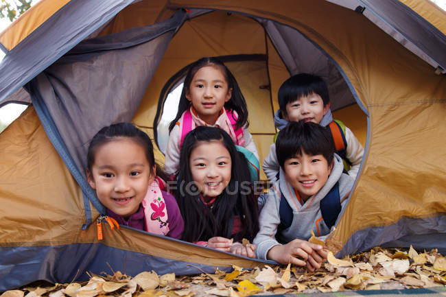 Cinco adorable asiático niños mirando cámara desde tienda en otoñal parque - foto de stock
