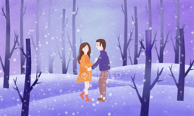 Beautiful creative illustration of young couple in winter forest, Valentines day concept — Stock Photo