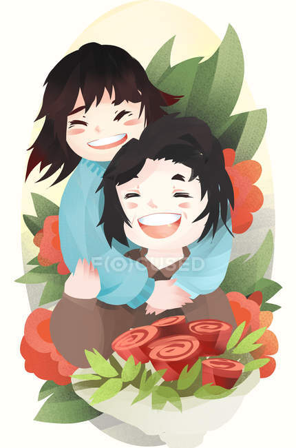 Mothers day illustration, happy girl hugging mother and bouquet of red flowers — Stock Photo