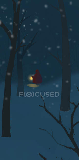 Beautiful creative illustration of child with lantern in winter forest — Stock Photo