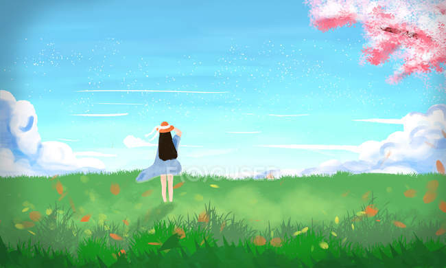 Beautiful illustration of girl in hat and standing on green meadow at springtime — Stock Photo