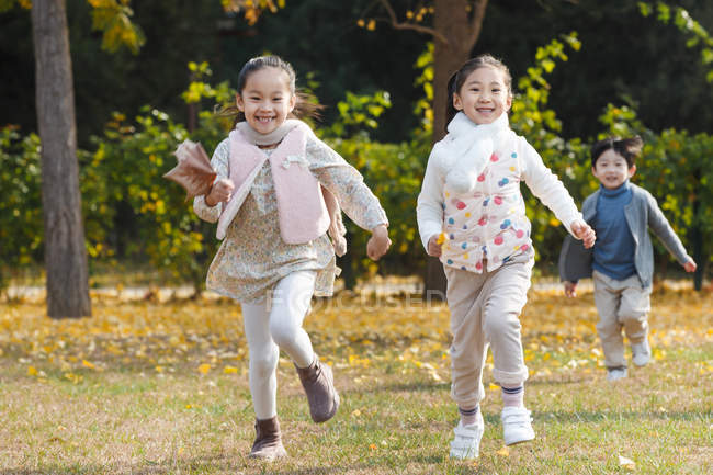 Niño feliz y las niñas corriendo en el prado en el parque de otoño - foto de stock
