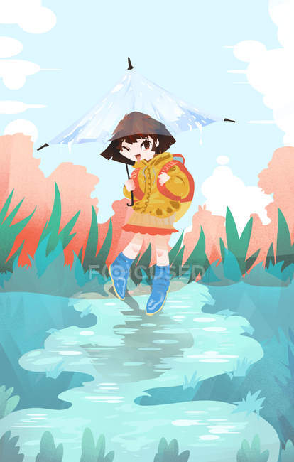Beautiful creative illustration of schoolgirl with backpack and umbrella walking outdoor — Stock Photo