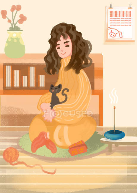 Creative illustration of happy girl sitting on floor with cute kitten — Stock Photo