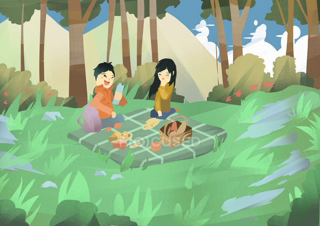 Красива креативна ілюстрація щасливої молодої пари на пікніку в лісі — стокове фото