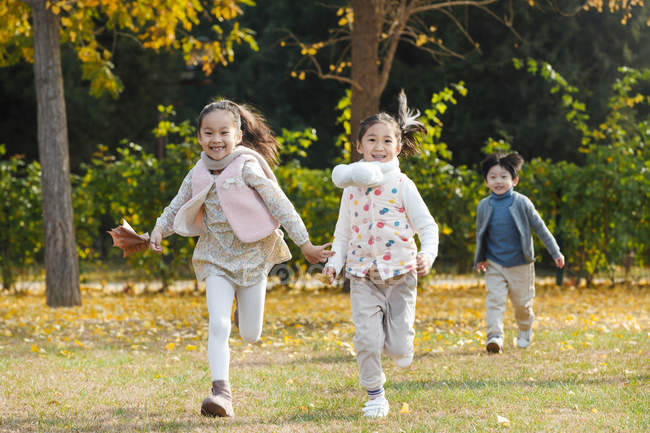 Happy boy and girls playing together and running on meadow in autumn park — Stock Photo