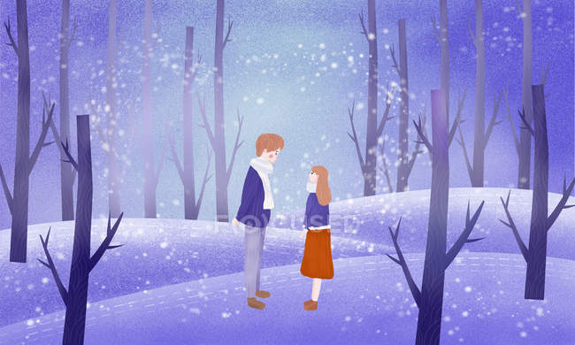 Hermosa ilustración creativa de pareja joven caminando juntos en el bosque de invierno - foto de stock