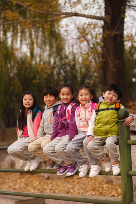 Cinco adorable sonriente asiático niños sentado en cerca y mirando cámara en otoñal parque - foto de stock