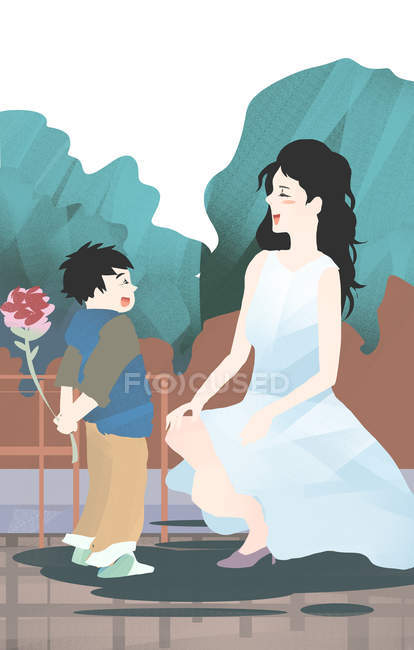 Creative illustration of happy boy presenting flower to smiling mother, Mothers day concept — Stock Photo