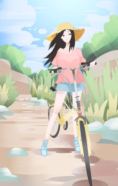 Beautiful creative illustration of attractive girl in hat riding bicycle at springtime — Stock Photo