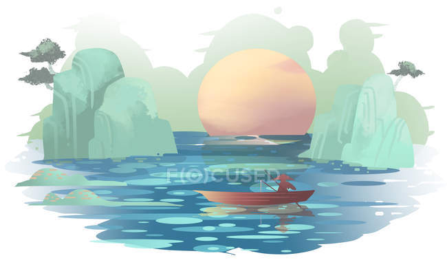 Beautiful creative illustration of fisherman in boat and amazing landscape at sunrise — Stock Photo