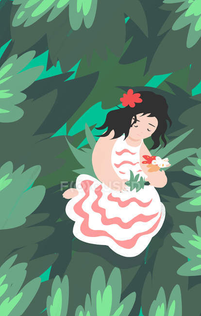 Illustration créative de fille tenant des fleurs sur fond naturel vert — Photo de stock