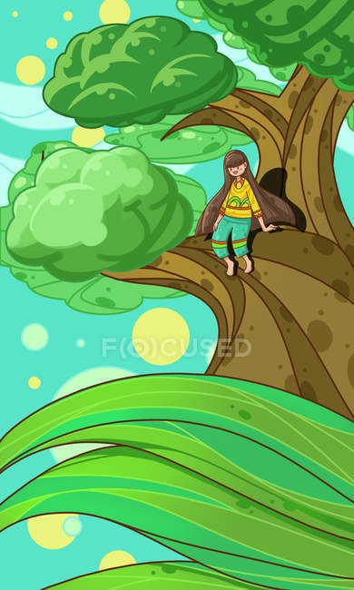 Creative illustration of happy girl sitting on large tree — Stock Photo
