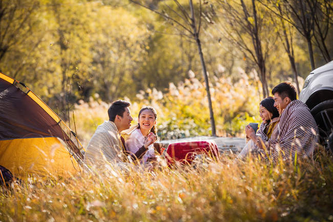 Vier asiatische Freunde trinken Tee und unterhalten sich auf einem Zeltplatz im herbstlichen Wald — Stockfoto