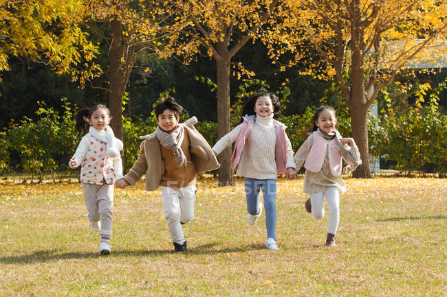 Happy boy and girls playing together and running on meadow in autumn park — Stock Photo
