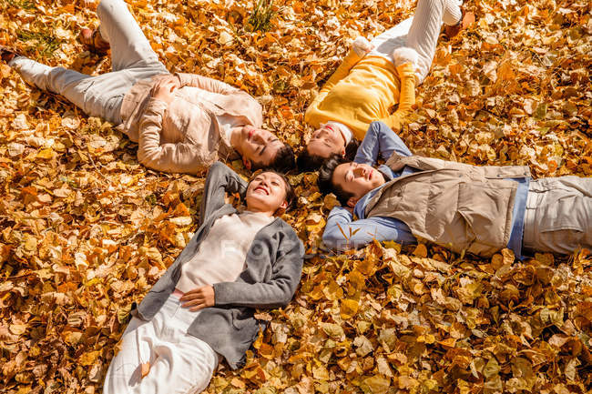 Vista ad alto angolo di quattro amici asiatici sdraiati sul fogliame giallo nella foresta autunnale — Foto stock