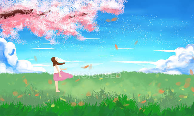 Hermosa ilustración de mujer joven en el prado y el árbol en flor en primavera - foto de stock