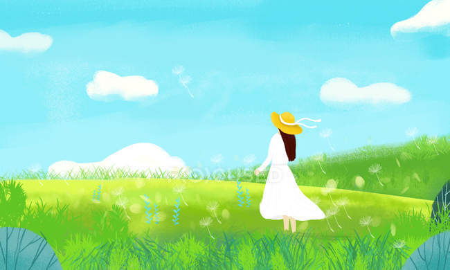 Красива ілюстрація дівчини в сукні і капелюсі, що стоїть на зеленому лузі з кульбабами навесні — стокове фото