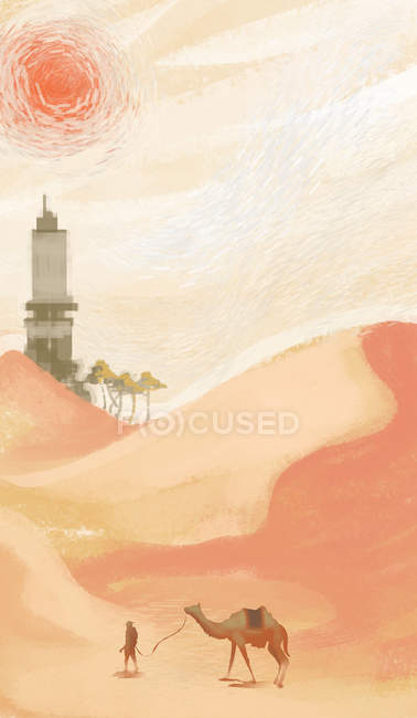 Beautiful creative illustration of desert and person with camel on sand — Stock Photo