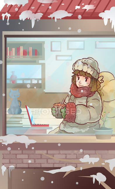 Creative illustration with person in warm clothing holding cup with hot beverage and using laptop in cafe at wintertime — Stock Photo
