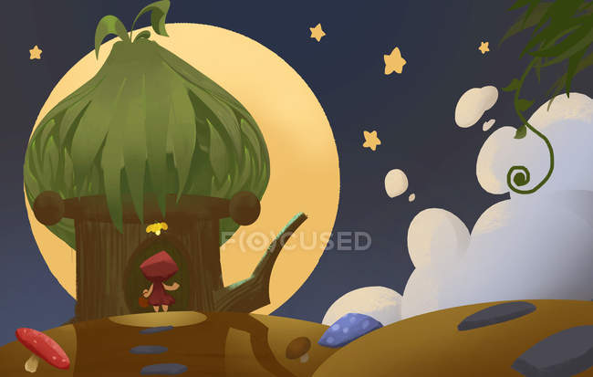 Creative illustration with little girl in red hood standing near wooden door at hut during night time — Stock Photo