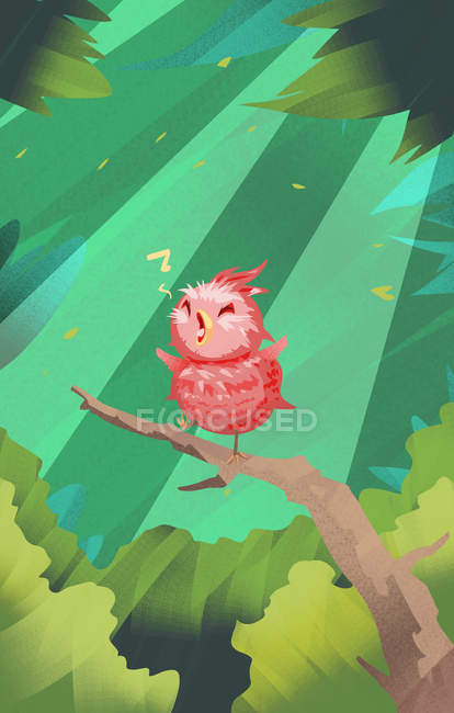 Beautiful creative illustration of cute pink bird perching on branch and singing in forest — Stock Photo